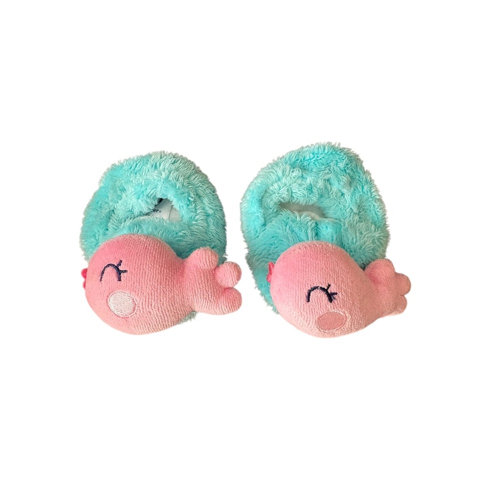 Gerber Baby Girl Whale Slippers Booties 0-6 Months Pink Aqua Plush